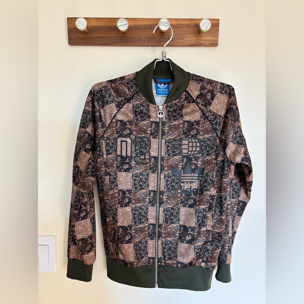 Adidas Brown Bomber Jacket with Checkered Design